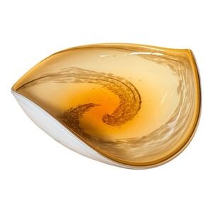 MCM Murano Glass Bowl Yellow Over White Cased with Swirls Gold Glitter Italian